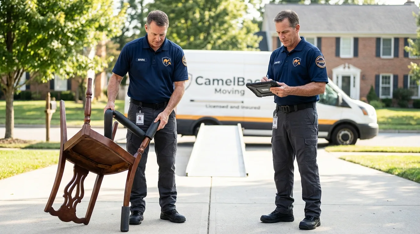 Movers inspecting furniture for damage prevention before loading in Orfordville, WI