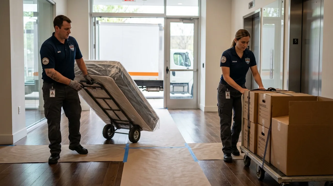 Professional apartment movers loading elevator in Orfordville, WI
