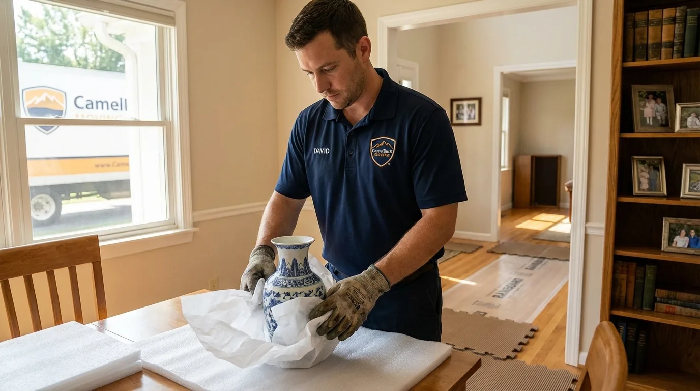 Professional crew carefully wrapping antique vase for senior downsizing move in Orfordville, WI