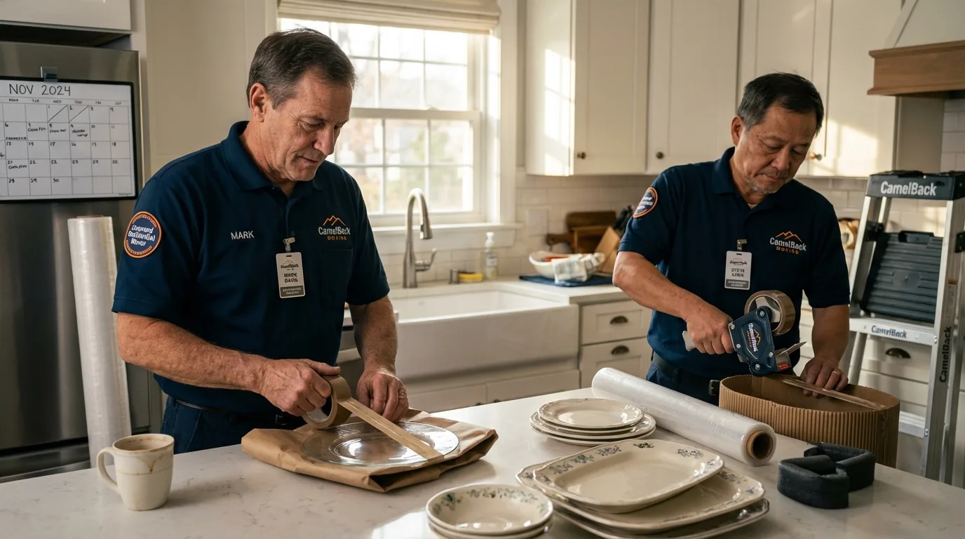 Professional crew packing kitchen dishware in Orfordville, WI